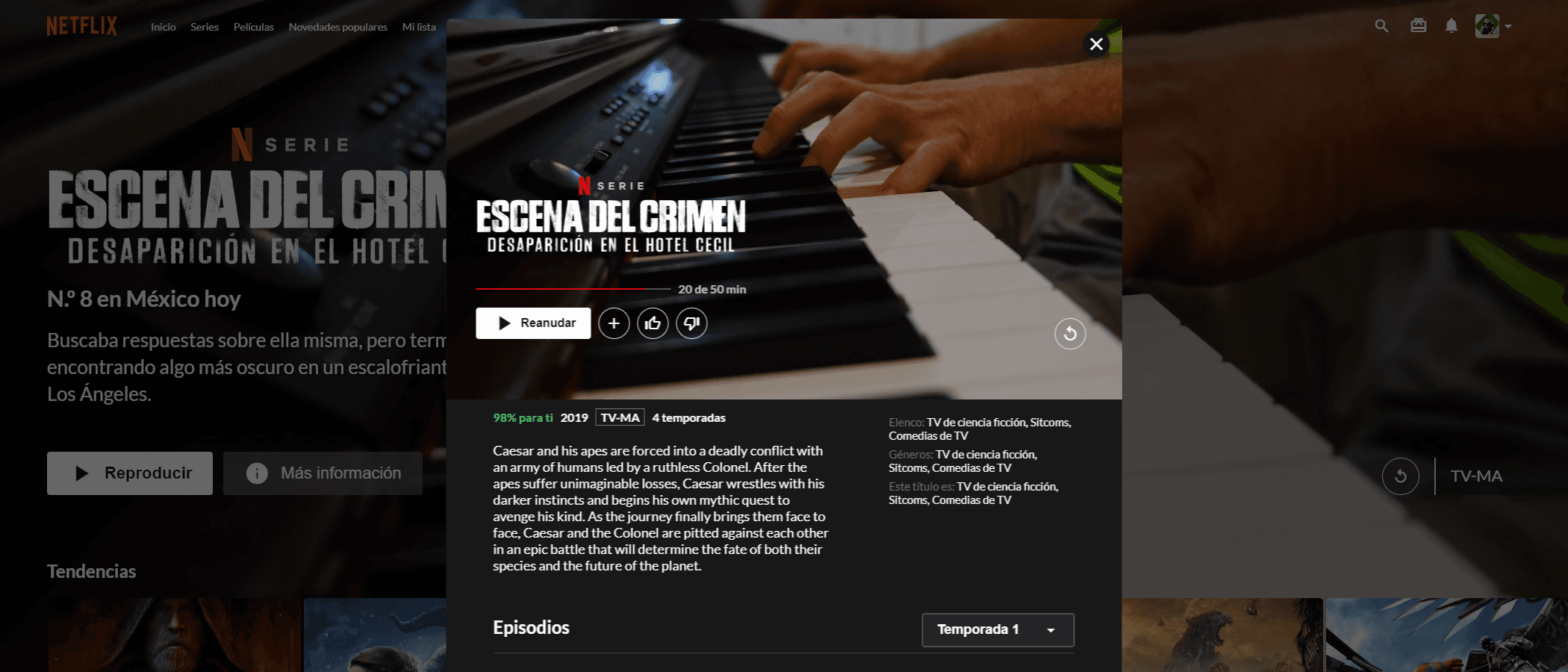 Imagen del modal con los detalles de una serie de mi proyecto "Netflix Layout".