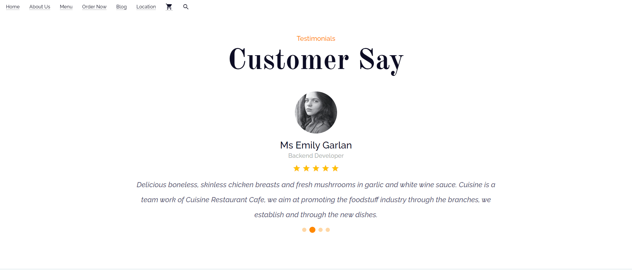 Image of the Testimonials and Reviews section of my 'Cuisine Restaurant' project.