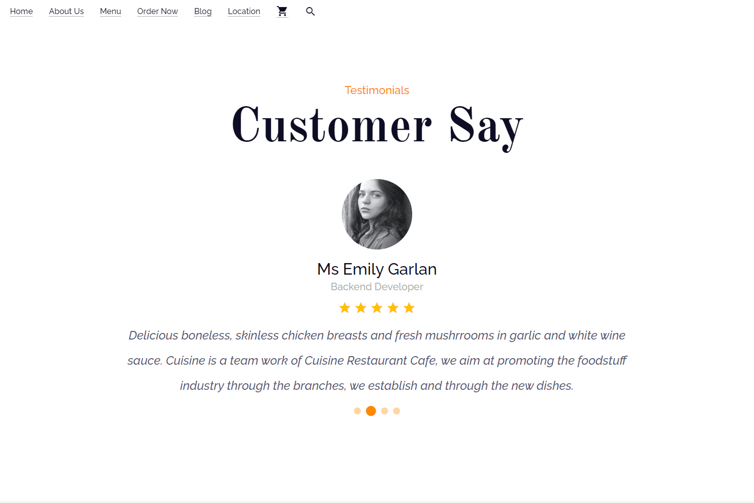 Image of the Testimonials and Reviews section of my 'Cuisine Restaurant' project.