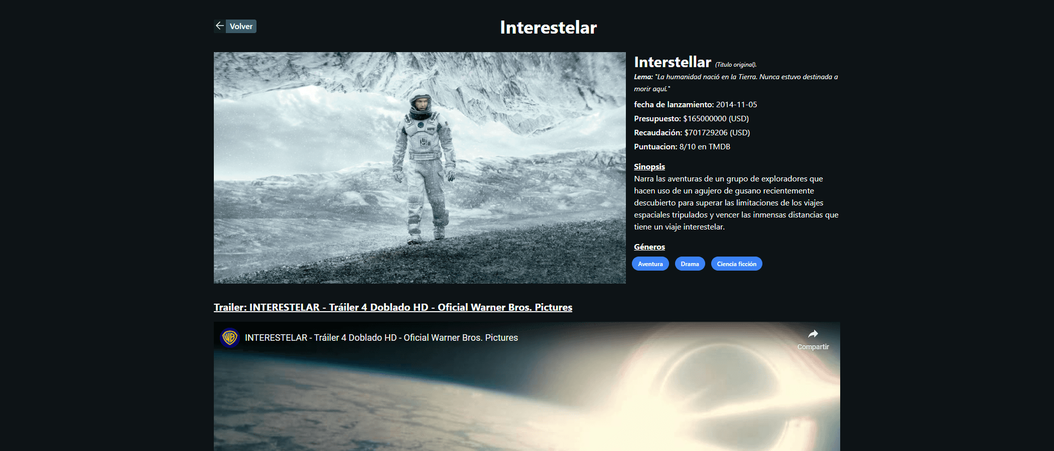 Página de los detalles de la película "Interestelar" en mi proyecto "Movies App".
