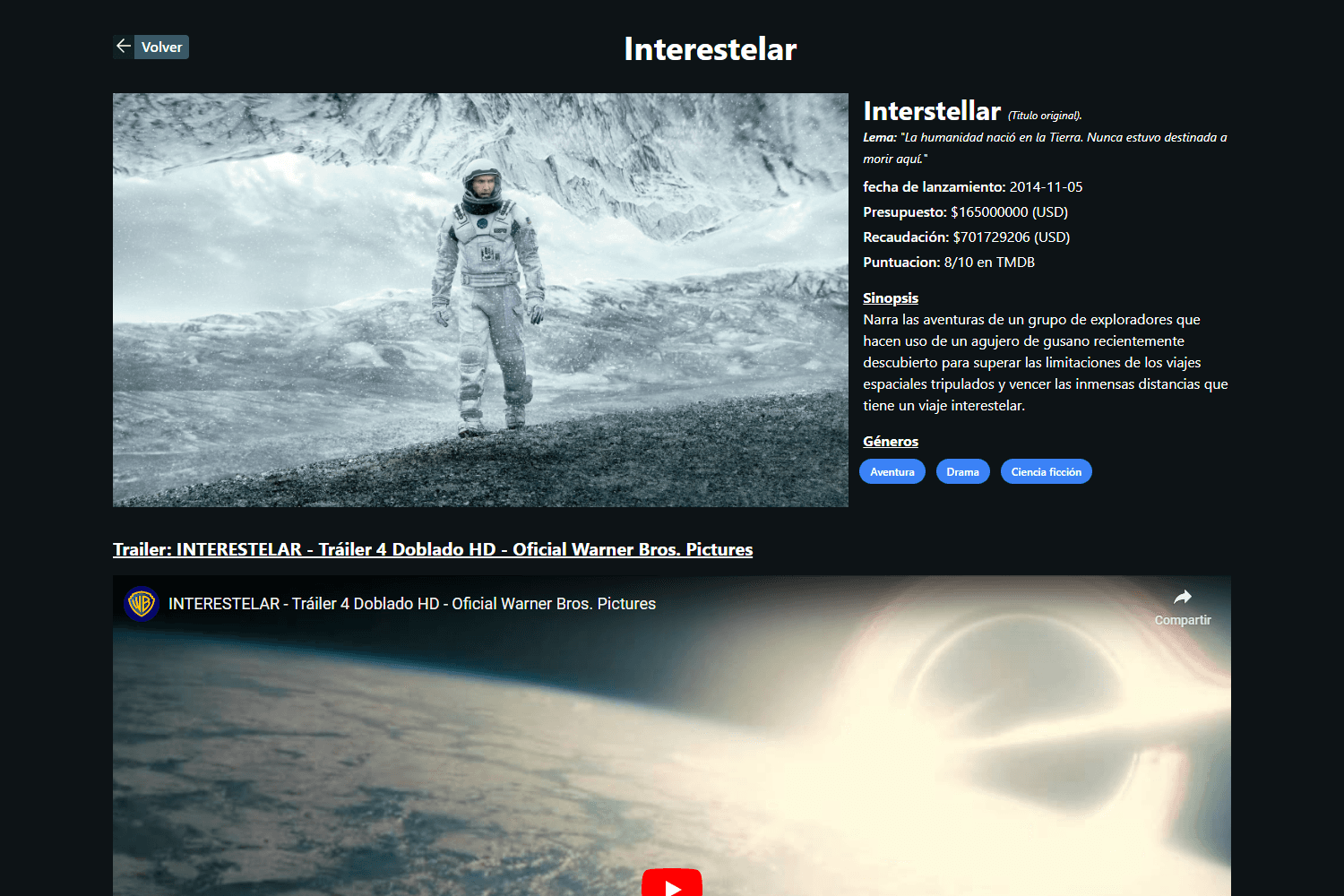 Página de los detalles de la película "Interestelar" en mi proyecto "Movies App".